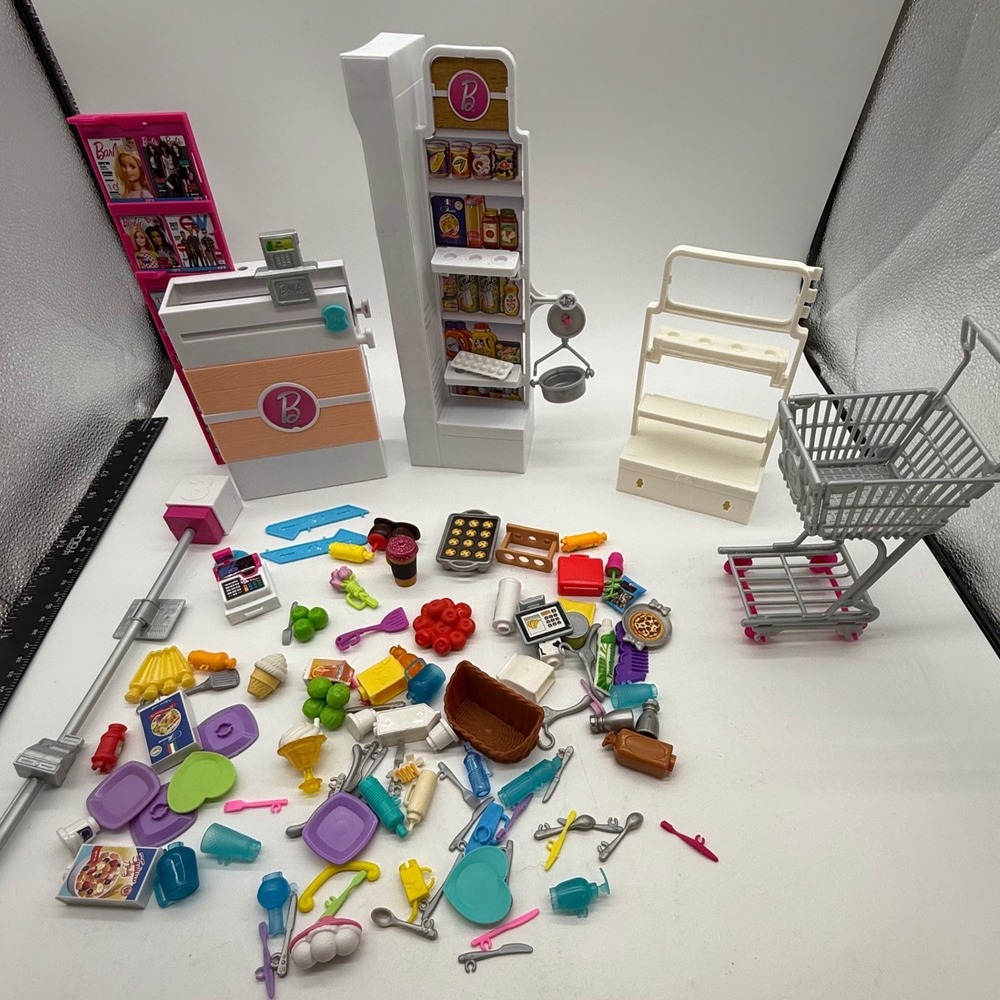 Barbie Grocery Store Supermarket Playset Shopping Cart 50+ Accessories